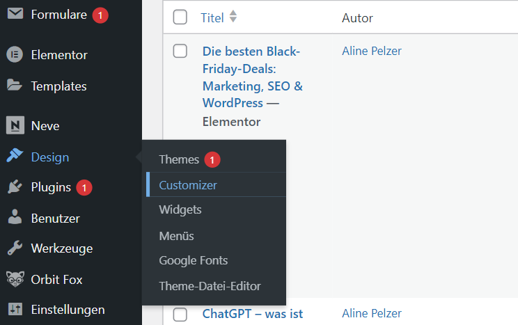 Dashboard WordPress Design Customizer